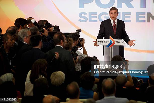 Portuguese Prime Minister and Social Democratic Party's leader Pedro Passos Coelho speaks in front of his supporters after winning the general...