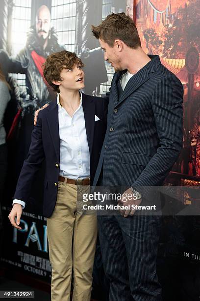 Actors Levi Miller and Garrett Hedlund attend the "Pan" New York premiere at Ziegfeld Theater on October 4, 2015 in New York City.