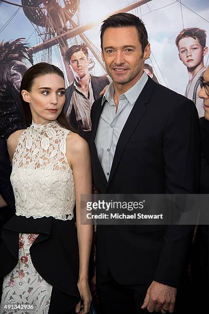 Actors Rooney Mara and Hugh Jackman attend the "Pan" New York premiere at Ziegfeld Theater on October 4, 2015 in New York City.