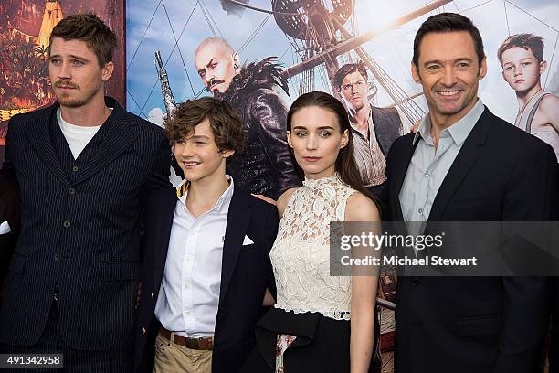 Actors Garrett Hedlund, Levi Miller, Rooney Mara and Hugh Jackman attend the "Pan" New York premiere at Ziegfeld Theater on October 4, 2015 in New...