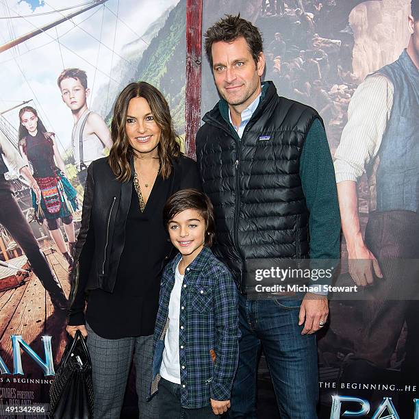 Actors Mariska Hargitay and Peter Hermann attend the "Pan" New York premiere at Ziegfeld Theater on October 4, 2015 in New York City.