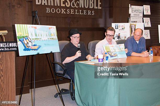 Actor/author Nathan Lane, actor/author Devlin Elliott and illustrator Dan Krall as Nathan Lane reads at Nathan Lane's book signing "Naughty Mabel" at...