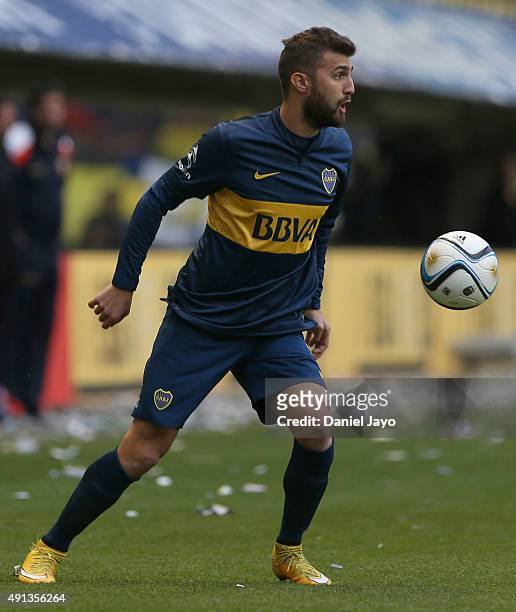Gino Peruzzi, of Boca Juniors, plays the ball during a match between Boca Juniors and Crucero del Norte as part of 27th round of Torneo Primera...