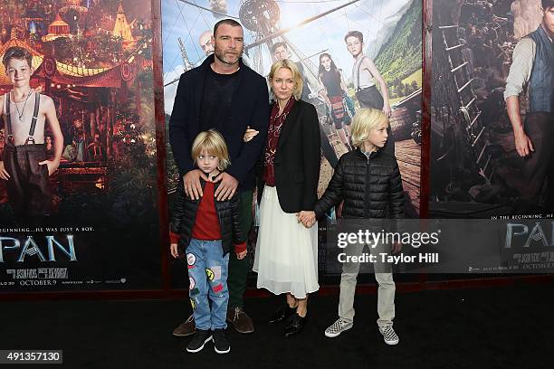 Liev Schreiber, Naomi Watts, Samuel Schreiber, and Alexander Schreiber attend the "Pan" premiere at Ziegfeld Theater on October 4, 2015 in New York...