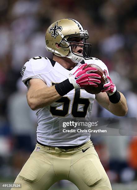 Michael Mauti of the New Orleans Saints celebrates after thinking the ball was fumbled during the second quarter against the Dallas Cowboys at...