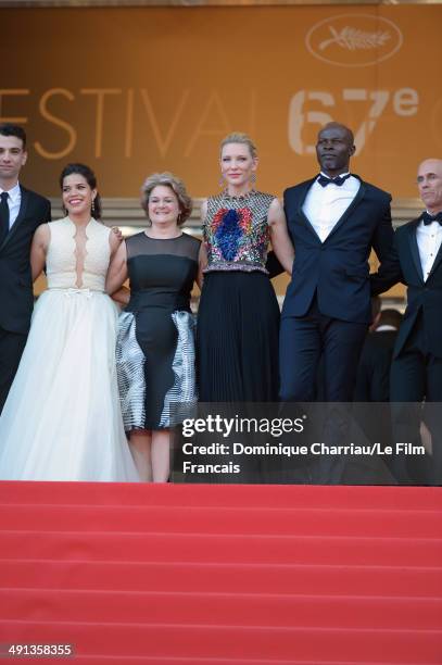 Jay Baruchel, America Ferrera, Bonnie Arnold, Cate Blanchett, Djimon Hounsou and CEO of DreamWorks, Jeffrey Katzenberg attend the "How To Train Your...