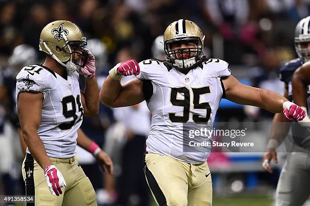 Tyeler Davison of the New Orleans Saints reacts after a sack during the fourth quarter against the Dallas Cowboys at Mercedes-Benz Superdome on...