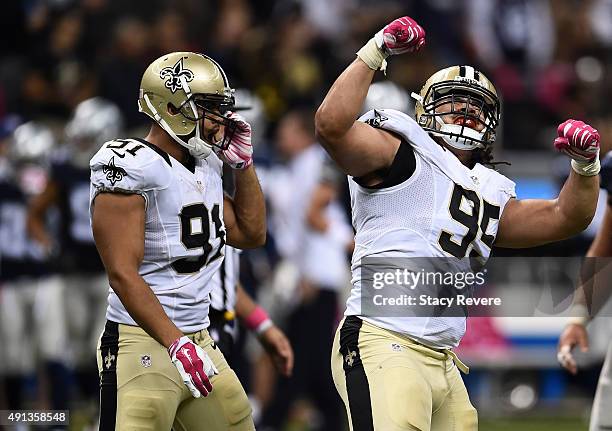 Tyeler Davison of the New Orleans Saints reacts after a sack during the fourth quarter against the Dallas Cowboys at Mercedes-Benz Superdome on...