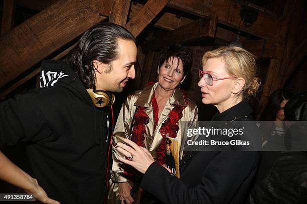 Lin Manuel Miranda, Lucie Arnaz and Cate Blanchett pose backstage at the hit musical "Hamilton" on Broadway at The Richard Rogers Theater on October...