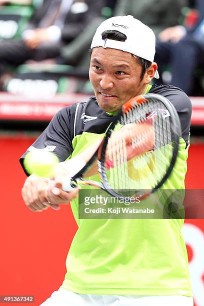 Tatsuma Ito of Japan in action during the men's singles first round match against Yoshihito Nishioka of Japan on day one of Rakuten Open 2015 at...