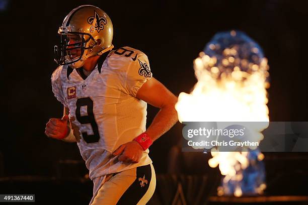 Drew Brees of the New Orleans Saints is introduced prior to playing the Dallas Cowboys at Mercedes-Benz Superdome on October 4, 2015 in New Orleans,...