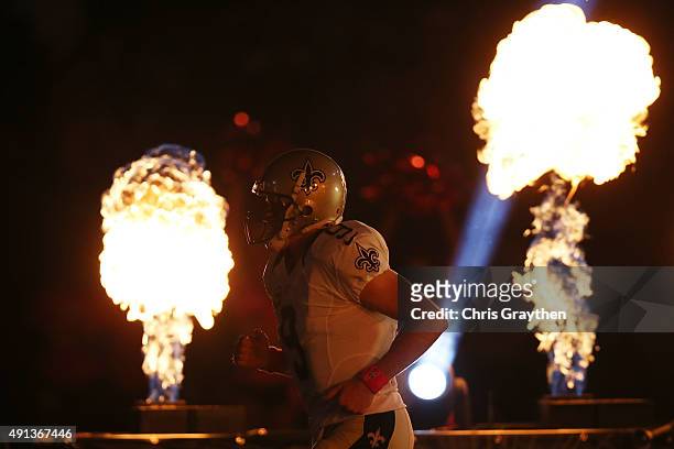 Drew Brees of the New Orleans Saints is introduced prior to playing the Dallas Cowboys at Mercedes-Benz Superdome on October 4, 2015 in New Orleans,...