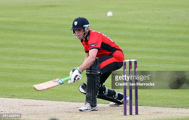 Calum Macleod tries an audacious flick while making his way to top score with 80 for Durham Jets during the Natwest T20 Blast match between Durham...