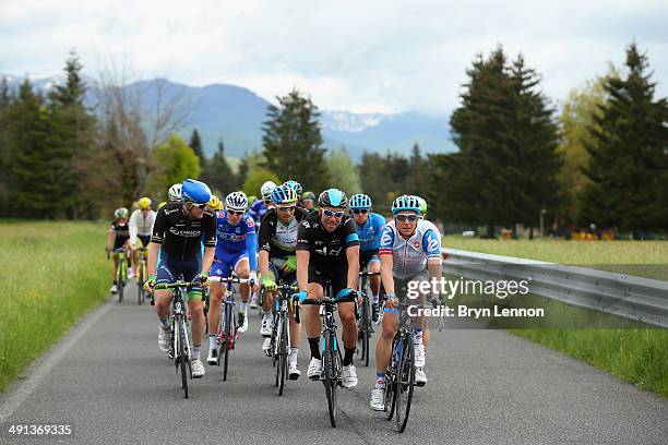 Bernhard Eisel of Austria and Team SKY and Fabian Wegmann of Germany and Garmin-Sharp share a joke during the seventh stage of the 2014 Giro...