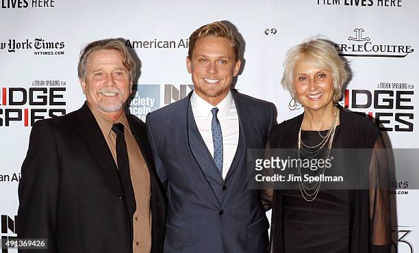 Actor Billy Magnussen with his parents attend the 53rd New York Film Festival premiere of "Bridge Of Spies" at Alice Tully Hall, Lincoln Center on...