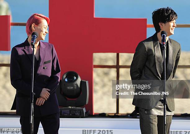 Suda Masaki and Nakajima Yuto attend the greeting session for the movie 'Pink and Gray' at BIFF Village on October 2, 2015 in Busan, South Korea.