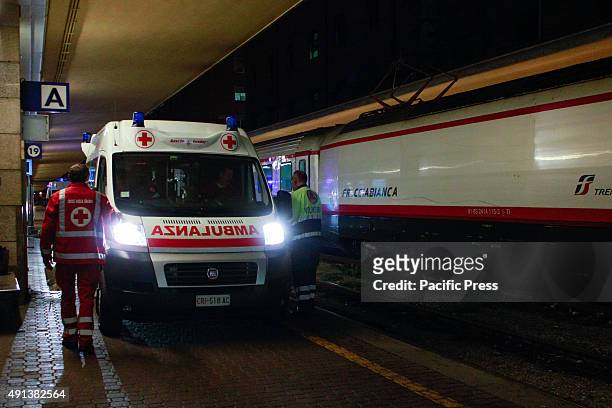 An ambulance waiting to accommodate the sick from the stranded trains. Two trains diverted from Lourdes arrived after midnight at Porta Nuova train...