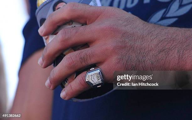 Seen is Johnathan Thurston's premiership ring during the North Queensland Cowboys NRL Grand Final fan day at 1300 Smiles Stadium on October 5, 2015...