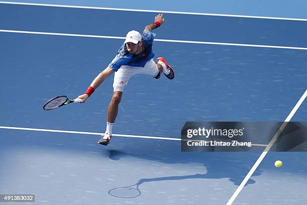 Andreas Haider-Maurer of Austria returns a shot against Jo-Wilfried Tsonga of France during the Men's singles first round match on day three of the...