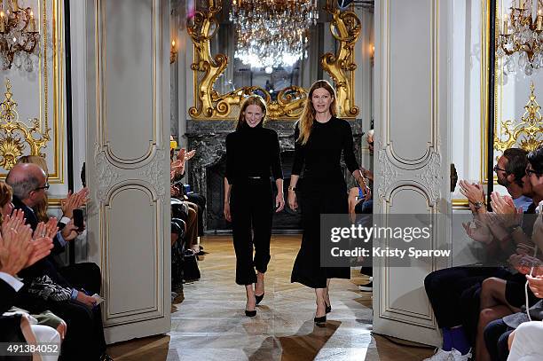 Kaviar Gauche-Designer Johanna Kuehl and Alexandra Fischer-Roehler acknowledge the audience during the Kaviar Gauche show as part of the Paris...