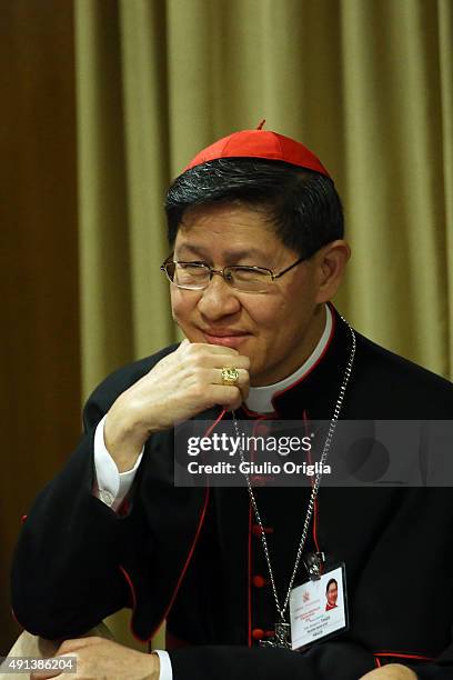 Cardinal Luis Antonio Tagle attends the opening session of the Synod on the themes of family at Synod Hall on October 5, 2015 in Vatican City,...