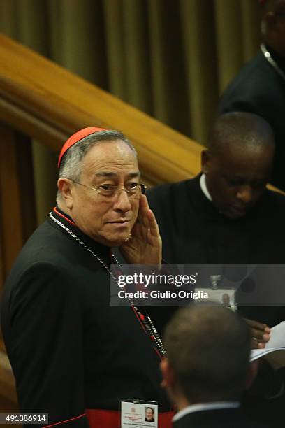 Cardinal Oscar Rodriguez Maradiaga attends the opening session of the Synod on the themes of family at Synod Hall on October 5, 2015 in Vatican City,...