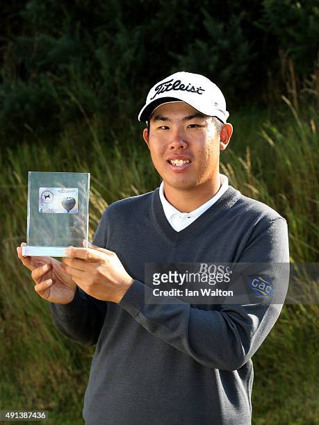 Byeong Hun An of Korea with his European Tour Player of the Month Award for May 2015 during the second round of the 2015 Alfred Dunhill Links...