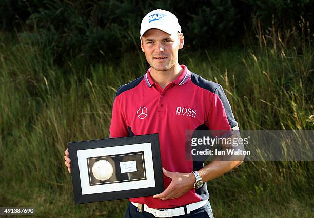 Martin Kaymer of Germany with his European Tour Shot of the Month Award for June 2015 during the second round of the 2015 Alfred Dunhill Links...