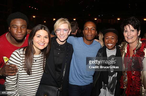 Okieriete Onaodowan, Phillipa Soo, Cate Blanchett, Leslie Odom Jr, Cynthia Erivo and Lucie Arnaz pose backstage at the hit musical "Hamilton" on...