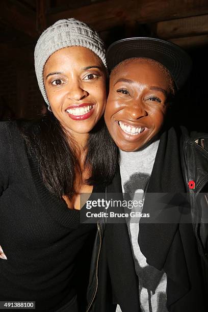 Renee Elise Goldsberry and Cynthia Erivo pose backstage at the hit musical "Hamilton" on Broadway at The Richard Rogers Theater on October 4, 2015 in...