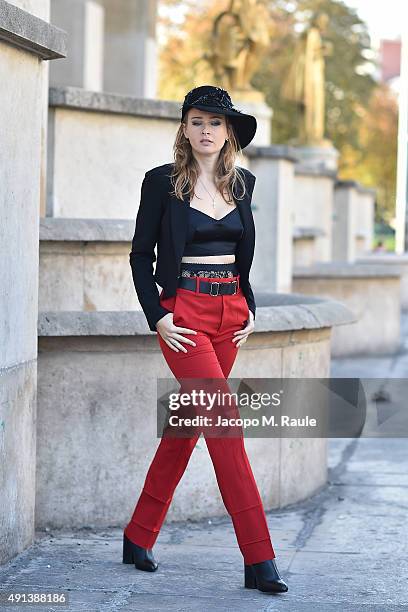 Olga Sorokina is seen during Paris Fashion Week Womenswear Spring/Summer 2016 on October 3, 2015 in Paris, France.