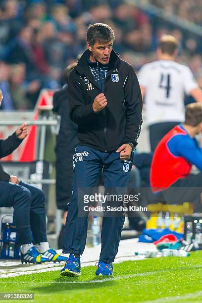Coach Jens Hrtel of 1. FC Magdeburg during the 3. League match between Holstein Kiel and 1. FC Magdeburg at Holsteinstadion on October 2, 2015 in...