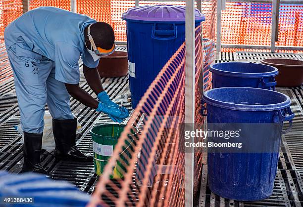 Healthcare worker washes his hands at an Ebola Treatment Center in Coyah, Guinea, on Thursday, Sept. 10, 2015. An Ebola epidemic and a slump in...