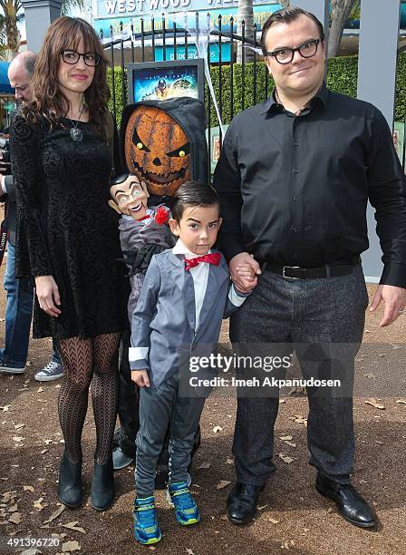 Actor Jack Black and wife, Tanya Haden and son, Thomas Black, attend the premiere of Sony Pictures Entertainment's 'Goosebumps' at Regency Village...