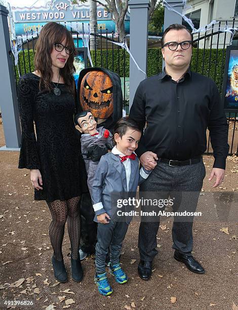 Actor Jack Black and wife, Tanya Haden and son, Thomas Black, attend the premiere of Sony Pictures Entertainment's 'Goosebumps' at Regency Village...