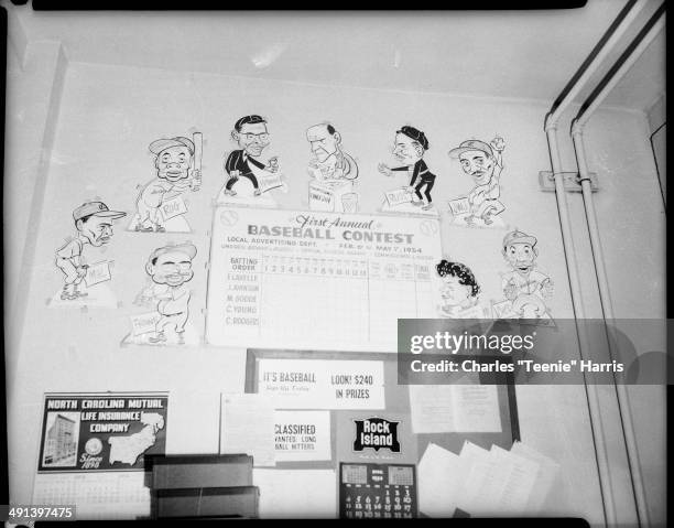 Wall of cartoon caricatures of baseball players, with names including Frank, Mal, Rog, Browne, and commissioner Lindsey, and sign reading 'First...