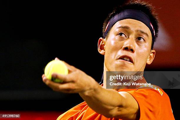 Kei Nishikori of Japan competes against Borna Coric of Croatia during the men's singles first round match on day one of Rakuten Open 2015 at Ariake...