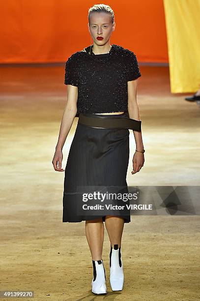 Model walks the runway during the Celine Ready to Wear show as part of the Paris Fashion Week Womenswear Spring/Summer 2016 on October 4, 2015 in...