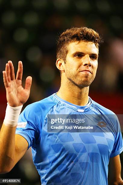 Jiri Vesely of Czech Republic celebrates after winning the men's singles first round match against Yasutaka Uchiyama of Japan on day one of Rakuten...