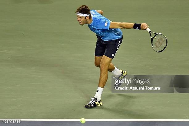 Jiri Vesely of Czech Republic competes against Yasutaka Uchiyama of Japan during the men's singles first round match on day one of Rakuten Open 2015...