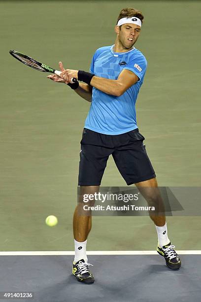 Jiri Vesely of Czech Republic competes against Yasutaka Uchiyama of Japan during the men's singles first round match on day one of Rakuten Open 2015...