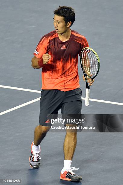 Yasutaka Uchiyama of Japan competes against Jiri Vesely of Czech Republic during the men's singles first round match on day one of Rakuten Open 2015...