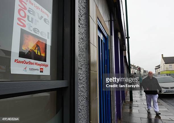 Save our Steel posters are displayed in shop windows throughout the town ahead of a visit by the Labour Shadow Chancellor John McDonnell for a...