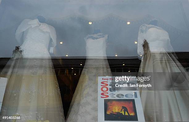 Save our Steel posters are displayed in shop windows throughout the town ahead of a visit by the Labour Shadow Chancellor John McDonnell for a...