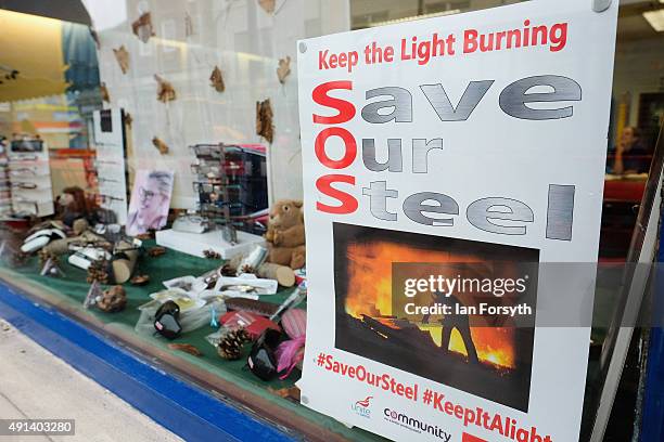 Save our Steel posters are displayed in shop windows throughout the town ahead of a visit by the Labour Shadow Chancellor John McDonnell for a...