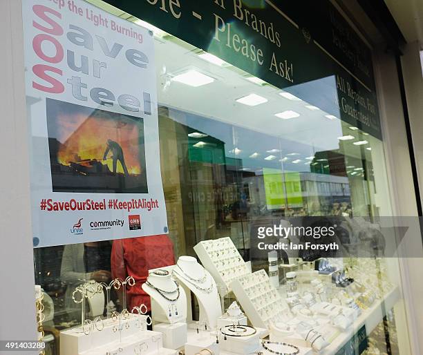 Save our Steel posters are displayed in shop windows throughout the town ahead of a visit by the Labour Shadow Chancellor John McDonnell for a...