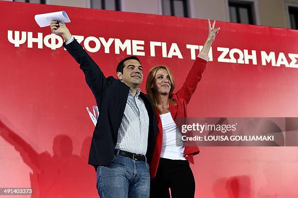 Leader of the radical left Syriza, Alexis Tsipras and also candidate for the EU presidency with the European Left greets the crowds with candidate...