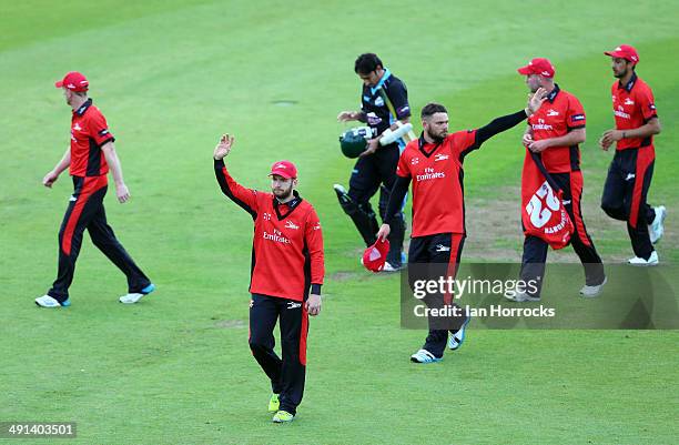 Durham Jets players celebrate winning with the final wicket of Saeed Ajmal during the Natwest T20 Blast match between Durham Jets and Worcestershire...