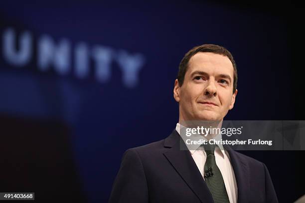 Chancellor of the Exchequer George Osborne addresses the Conservative party conference on October 5, 2015 in Manchester, England. The second day of...