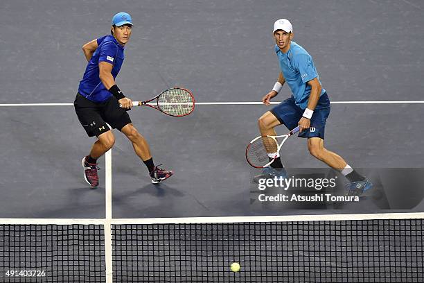 Toshihide Matsui of Japan and Jarkko Nieminen of Finland compete against Aisam-Ul-Haq Qureshi of Pakistan and Gilles Simon of France during the men's...